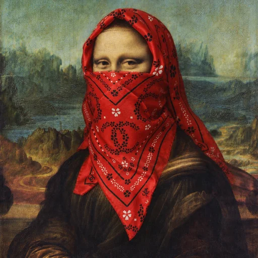 Mona Lisa wearing the red HEELMATIC scarf